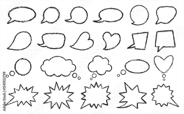 Fototapeta Brush hand drawn speech bubbles set. Rough grungy textured uneven messy outline stroke edge. Talking, speaking, screaming, laughing, thinking, dreaming cloud linear grunge shapes collection.