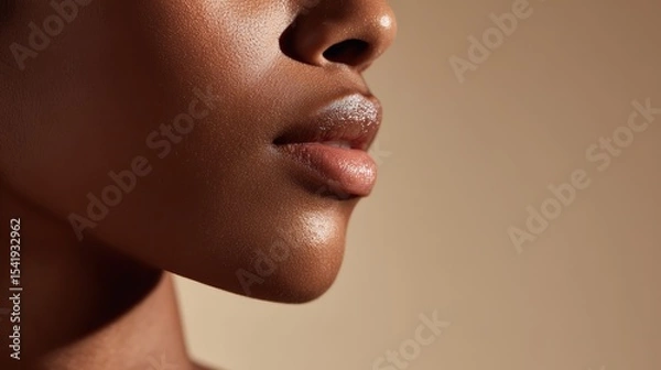 Fototapeta Close-up side profile of beautiful face with smooth skin and perfect nose shape, ideal for cosmetic advertising. Soft beige background creates elegant atmosphere.