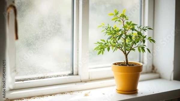 Obraz Young Oak Tree Sprout on Windowsill Potted