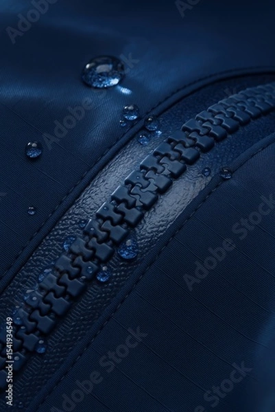 Obraz Macro close-up of a waterproof zipper with thick interlocking plastic teeth on dark blue technical fabric. Water droplets are scattered across both the textile and the zipper surface