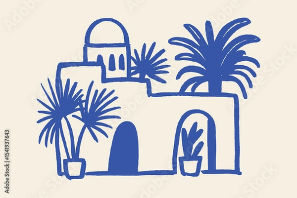 Fototapeta Mediterranean house and palm trees naive sketch vector illustration