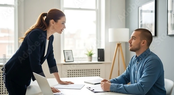 Obraz Candid Office Exchange: Leader Engaging with Team Member at Workspace