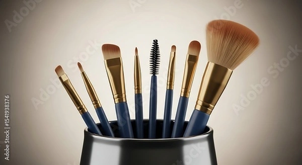 Obraz Golden Glam: An Array of Professional Makeup Brushes in Sleek Holder - Beauty Essentials Still Life