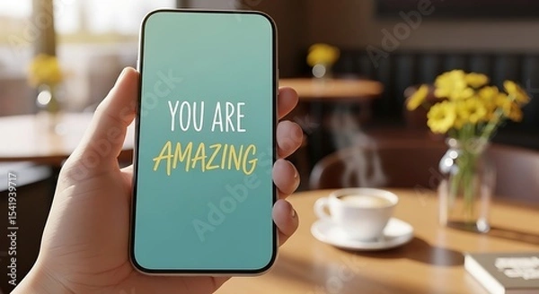Obraz Uplifting Digital Affirmation: "You Are Amazing" on Smartphone Screen in Cozy Café
