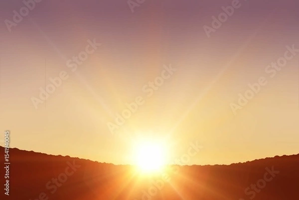 Obraz Sun rising over rocky ridgeline in flat design illustration, casting golden rays across purple sky