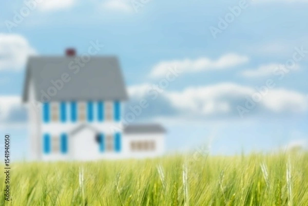 Fototapeta Flat design showing tall green grass in foreground with blue-shuttered house and clouds in blue sky