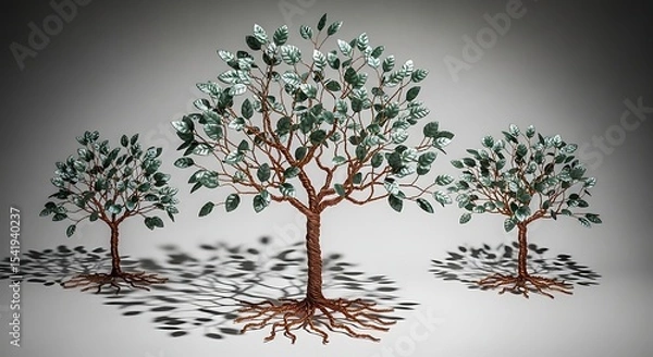 Obraz Tranquil Trio: Copper Wire Trees in a Minimalist Dreamscape