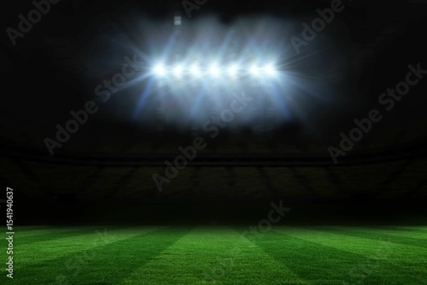 Fototapeta Illuminated striped grass field is shining inside flat stadium design, with floodlights glowing