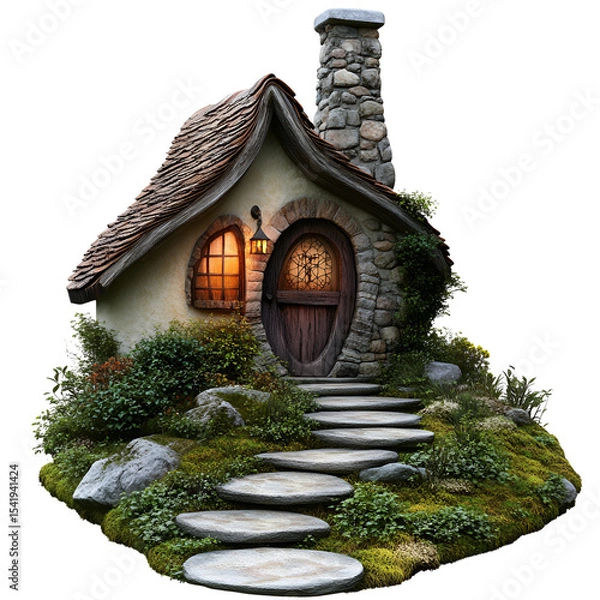 Fototapeta Enchanting Stone Cottage with Mossy Steps and Warm Lighting