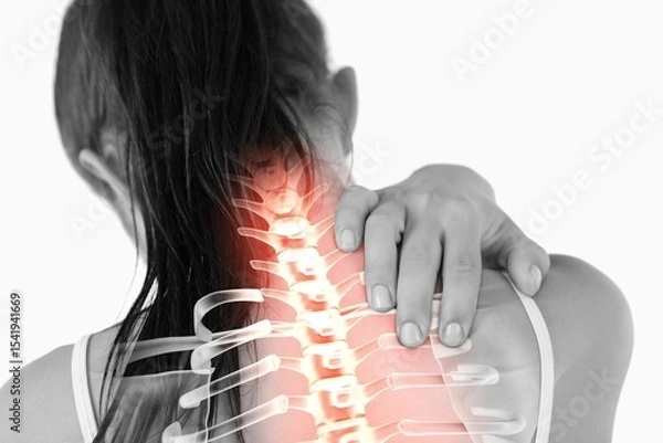 Obraz Highlighted spine of woman with neck pain