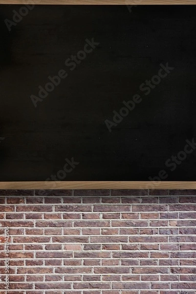 Fototapeta Flat design is showing blank blackboard being mounted on wooden frame above exposed brick wall
