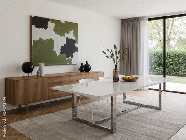 Obraz Floating sideboard beside massive formica dining table with chrome legs
