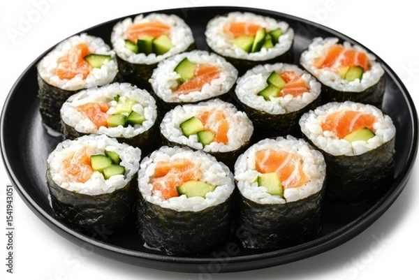 Obraz Aesthetic arrangement of fresh sushi rolls with salmon and cucumber, symbolizing Japanese cuisine and healthy meal options