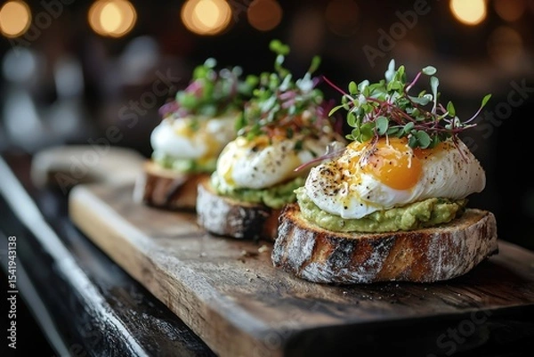 Obraz Avocado toast with perfectly poached eggs and fresh microgreens, symbolizing healthy breakfast or brunch