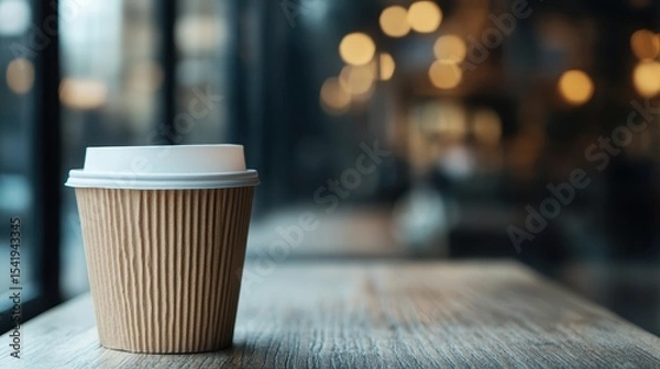 Fototapeta This image captures a warm cup of coffee resting on a wooden table, creating an inviting atmosphere perfect for relaxing or engaging in conversation in a cafe.