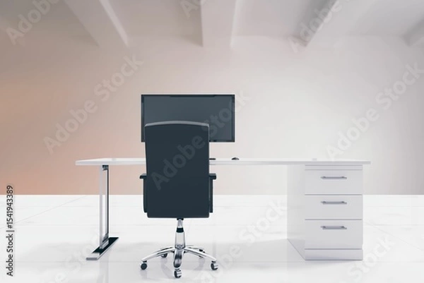 Obraz flat design minimalist office is featuring white desk and black chair with monitor and mouse