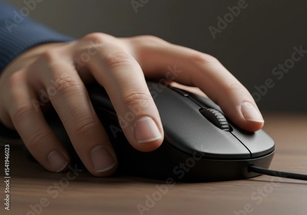 Fototapeta A hand rests on a sleek, matte black computer mouse, positioned on a wooden desk.