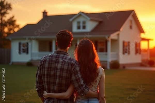 Fototapeta Young couple standing happily in front of their new home