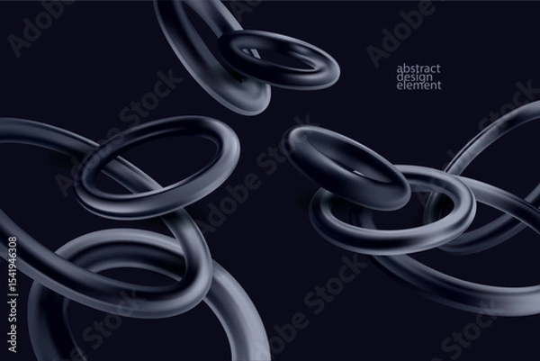 Obraz  Abstract background of 3D chrome rings.  Monochrome dark geometric shape.