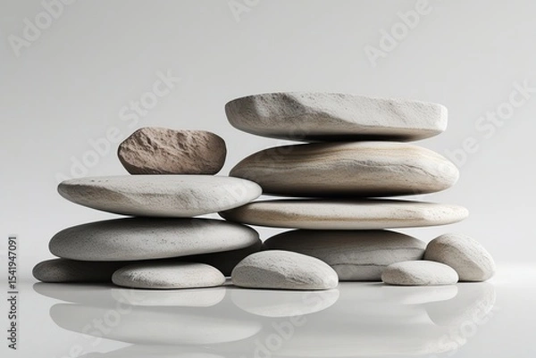 Fototapeta Balanced zen stones on white, a harmonious stack of pebbles symbolizing peace and relaxation