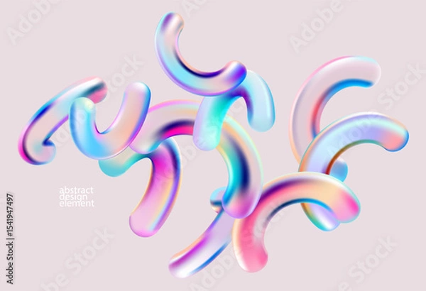 Obraz 3D glass geometric shapes on light background. Colorful transparent arches and wavy lines.