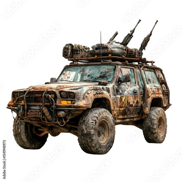 Fototapeta Post Apocalyptic Armored SUV Vehicle Weaponry Mud Terrain Tires