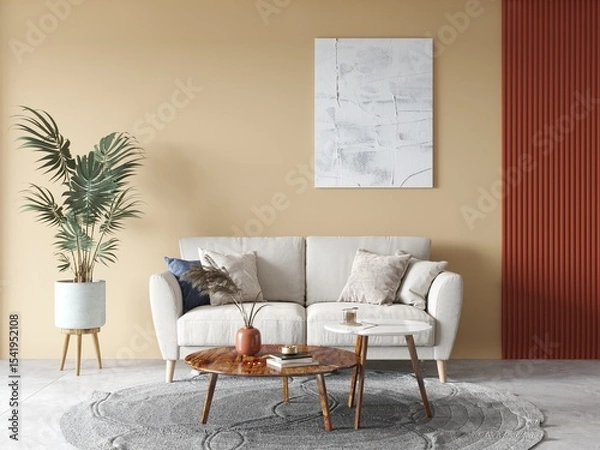 Fototapeta Mock up of an ideal living room with a compact comfortable sofa and a stylish decorative background, 3D rendering.