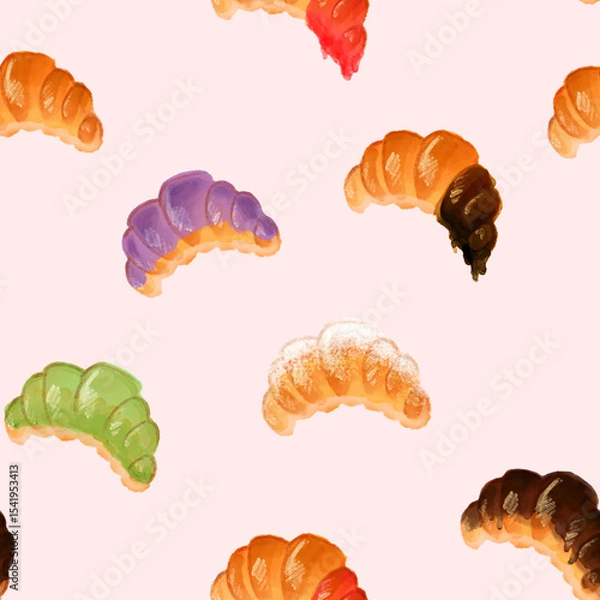 Fototapeta Multi-colored assorted croissants with different glaze variations on a soft pink background. Puff pastry in bright colors is decorated with a delicate pinkish canvas, which depicts textured croissants