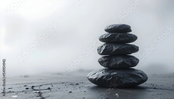Fototapeta Stack of dark grey stones on foggy surface