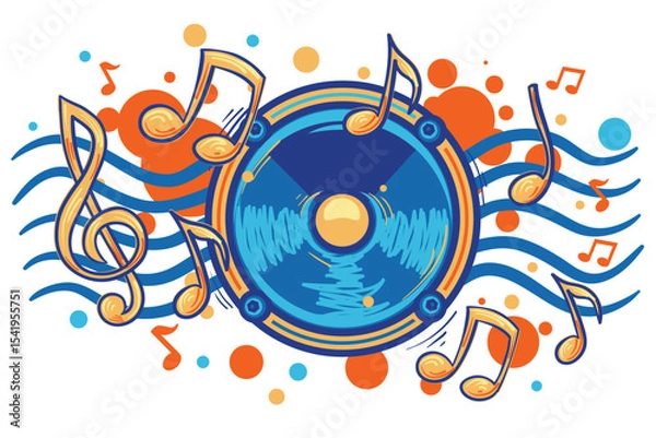 Fototapeta Colorful drawn loudspeaker with music notes - musical design