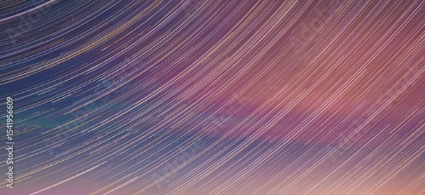 Fototapeta Panoramic View Of Night Sky. Unusual Stars Effect Sky. Meteors Fly Across Night Sky. Large Exposure. Blurred Stars In Sky. Soft Colors. Light Magenta Sky Background. Amazing Stars Effects In Sky. Blue