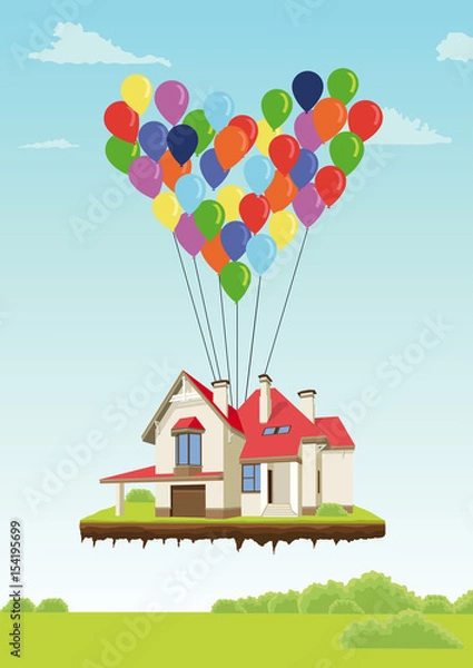 Fototapeta House with multicolored balloons in form of heart flying in sky over ground