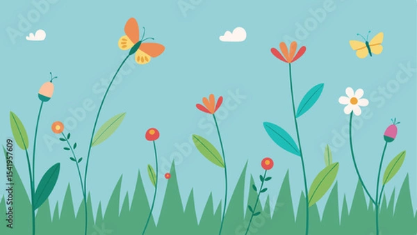 Fototapeta Colorful illustrated spring meadow scene with butterflies and flowers on transparency
