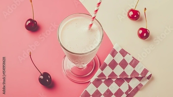 Fototapeta Flat lay of a retro American diner counter scene: milkshake glass, checkered napkin, cherry red and cream tones