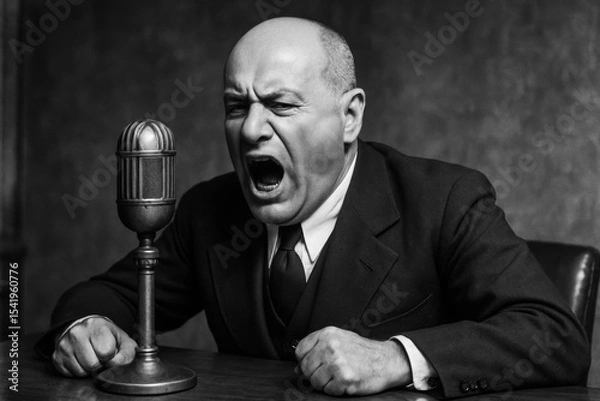 Fototapeta Dramatic black and white portrait: an angry, bald man in a suit shouts forcefully into a vintage microphone, sitting at a desk.