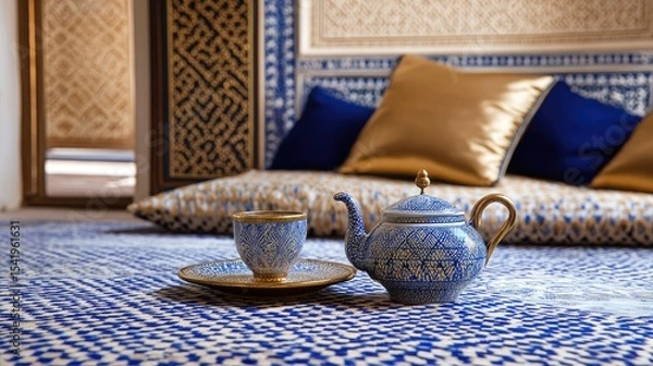Fototapeta Traditional Moroccan salon with geometric patterns, floor cushions and tea set, close-up, cobalt blue and gold