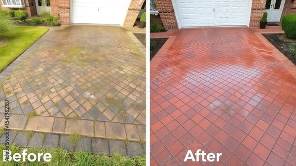 Obraz Driveway cleaning and restoration showing before and after results with a brick tile pattern using pressure washing.