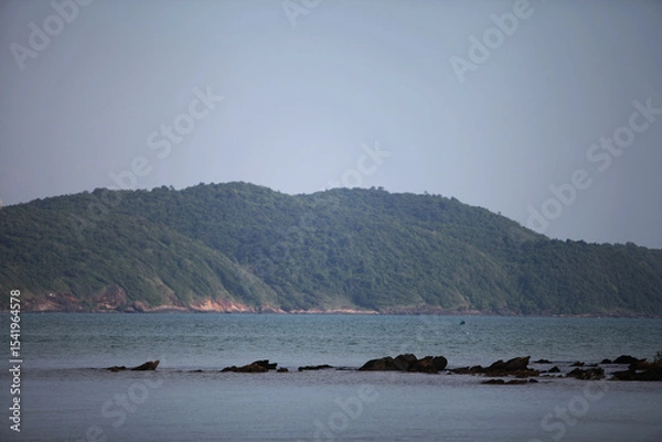Fototapeta Tranquil Seaside Vista: Serene coastal panorama, capturing the expansive sea, rugged shoreline, and distant, lush hills under a serene, overcast sky.