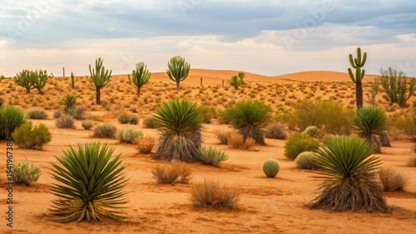 Fototapeta Vast desert landscape featuring various cacti and vegetation under a cloudy sky, highlighting arid beauty and natural textures.