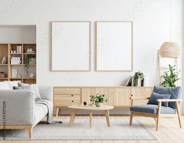 Fototapeta Modern living room with minimalist decor and empty frames