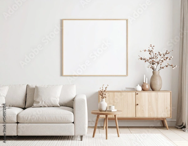 Fototapeta Cozy living room with blank wall frame and natural decor elements