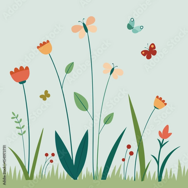 Fototapeta Delightful springtime garden scene with colorful flowers and floating butterflies in a meadow