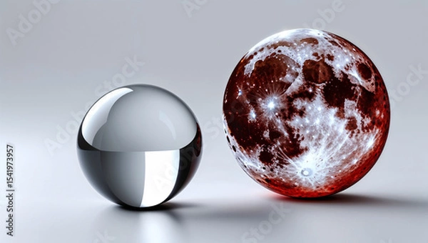 Fototapeta Two spheres one metallic and reflective the other a red moon with craters and bright spots on a gray surface