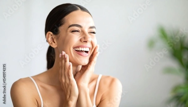 Fototapeta Beautiful woman smiling and laughing with joyful energy while touching her skin in a bright and positive atmosphere