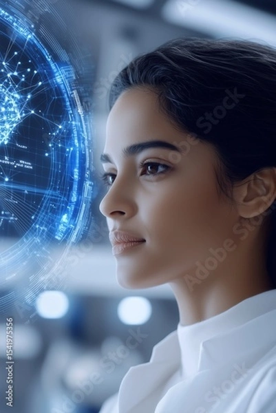 Fototapeta  Indian Woman scientist in white lab coat examines holographic projection, deep in thought. Digital lines illuminate woman scientist's face, merging science and futuristic exploration, technological 