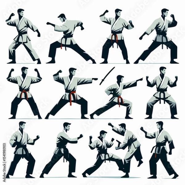 Fototapeta Premium Vector Collection of Dynamic Karate Pose Silhouette Icons for Martial Arts and Design Projects