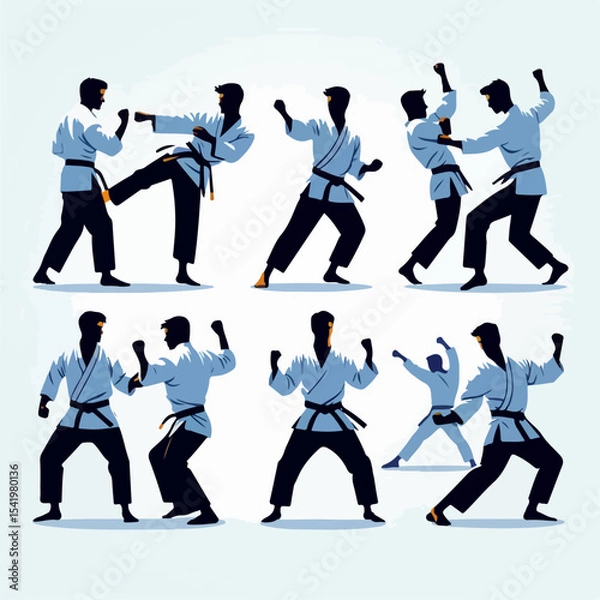 Fototapeta Premium Vector Collection of Dynamic Karate Pose Silhouette Icons for Martial Arts and Design Projects