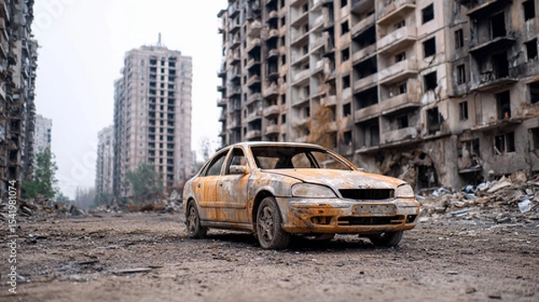 Fototapeta a burnt car from a fire and destruction during a natural disaster or war with destroyed houses in a disaster