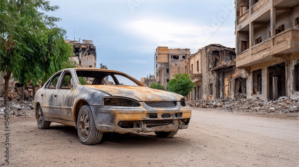 Fototapeta a burnt car from a fire and destruction during a natural disaster or war with destroyed houses in a disaster