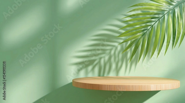 Fototapeta mockup podium wooden with beautiful palm leaf for advertising and shadows
